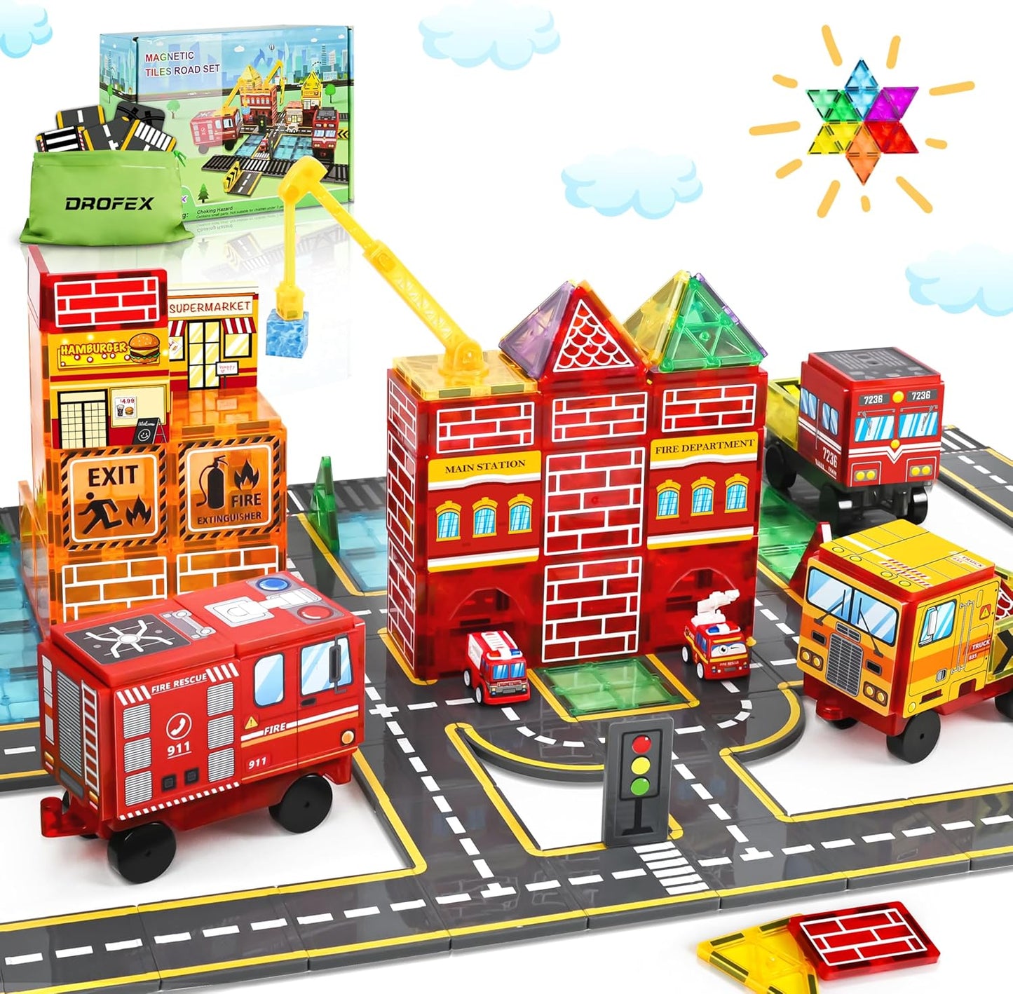 Magnetic Tiles Road Set with Fire Truck for Creative Play