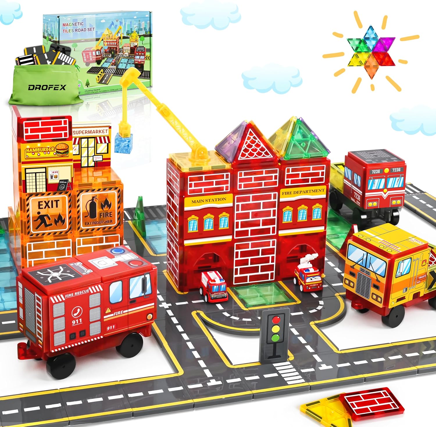 Magnetic Tiles Road Set with Fire Truck for Creative Play