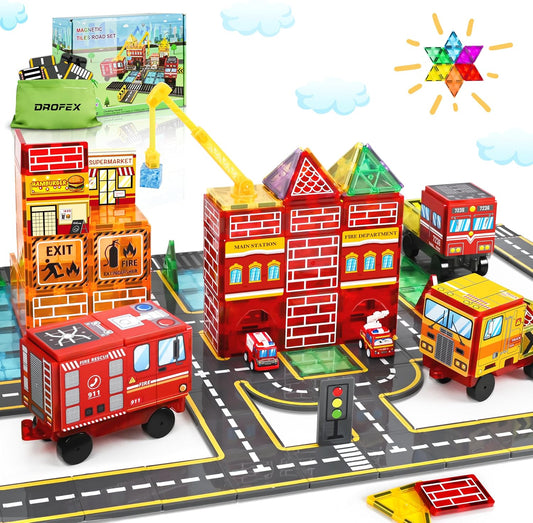 Magnetic Tiles Road Set with Fire Truck for Creative Play