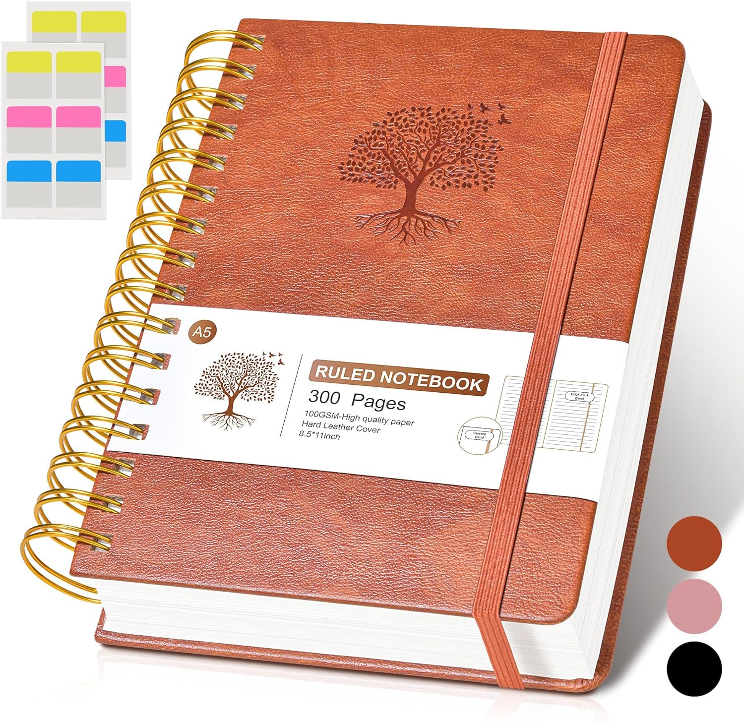 Premium 300 Page Leather Journal - A5 College Ruled - 100 GSM Paper - Spiral Bound - Brown