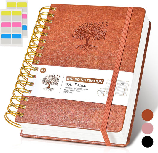 Premium 300 Page Leather Journal - A5 College Ruled - 100 GSM Paper - Spiral Bound - Brown