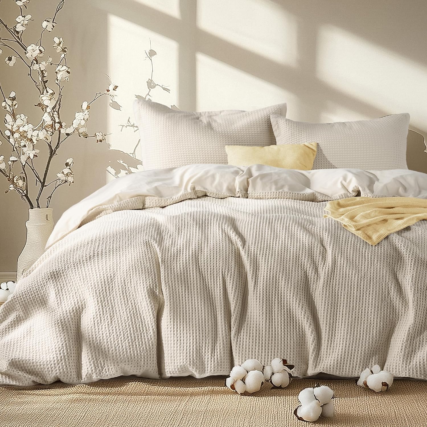 Bedsure Waffle Comforter Set Queen - Soft Cotton Bedding Set