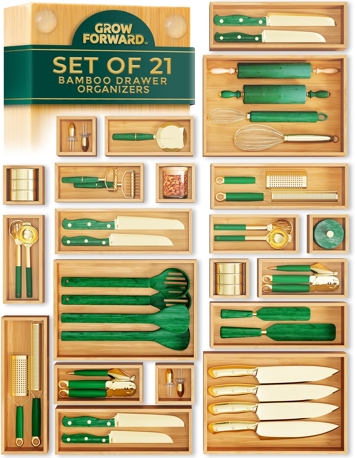 Bamboo Drawer Organizer Boxes - 21-Piece Set for Tidy Spaces