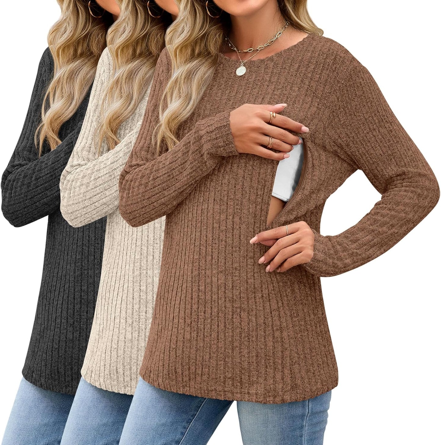 3 Pack Women's Nursing Long Sleeve Tops for Breastfeeding Comfort