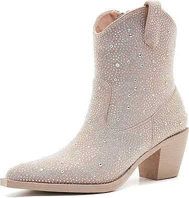 Womens Rhinestone Cowboy Boots with Chunky Heel and Zipper