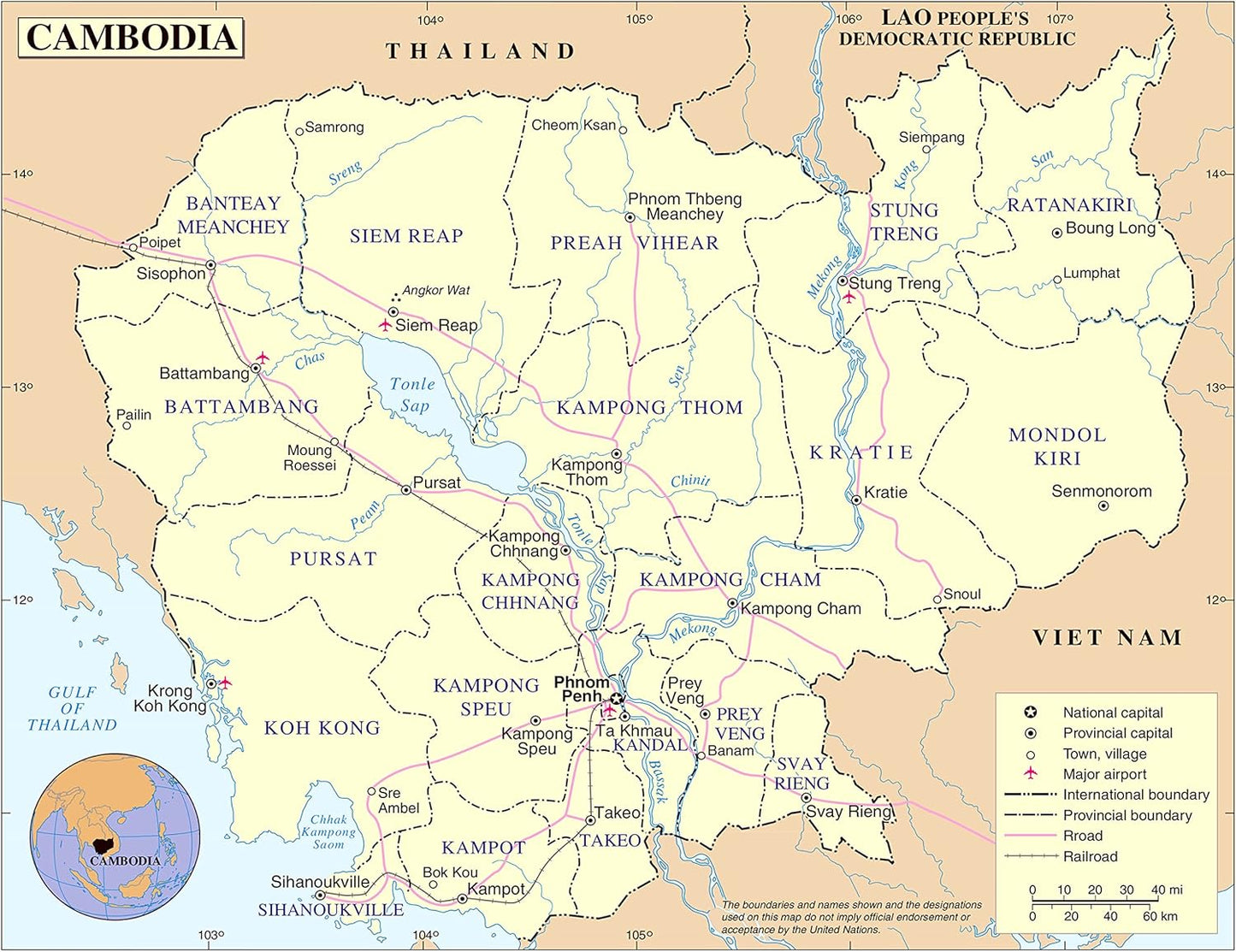 Laminated 24x31 Poster: Detailed Cambodia Map