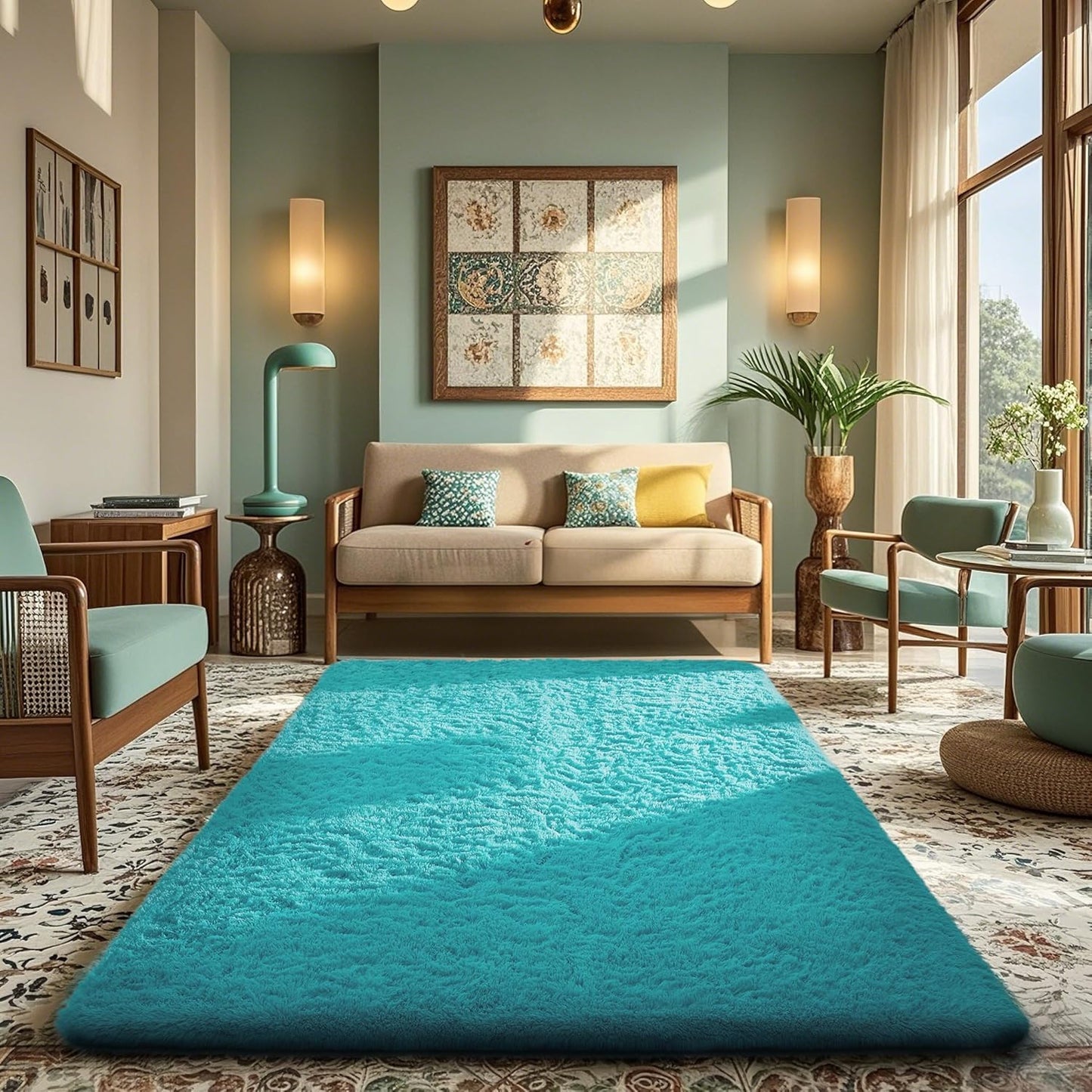 Ophanie Teal Rugs for Living Room Bedroom - Plush Soft Shaggy