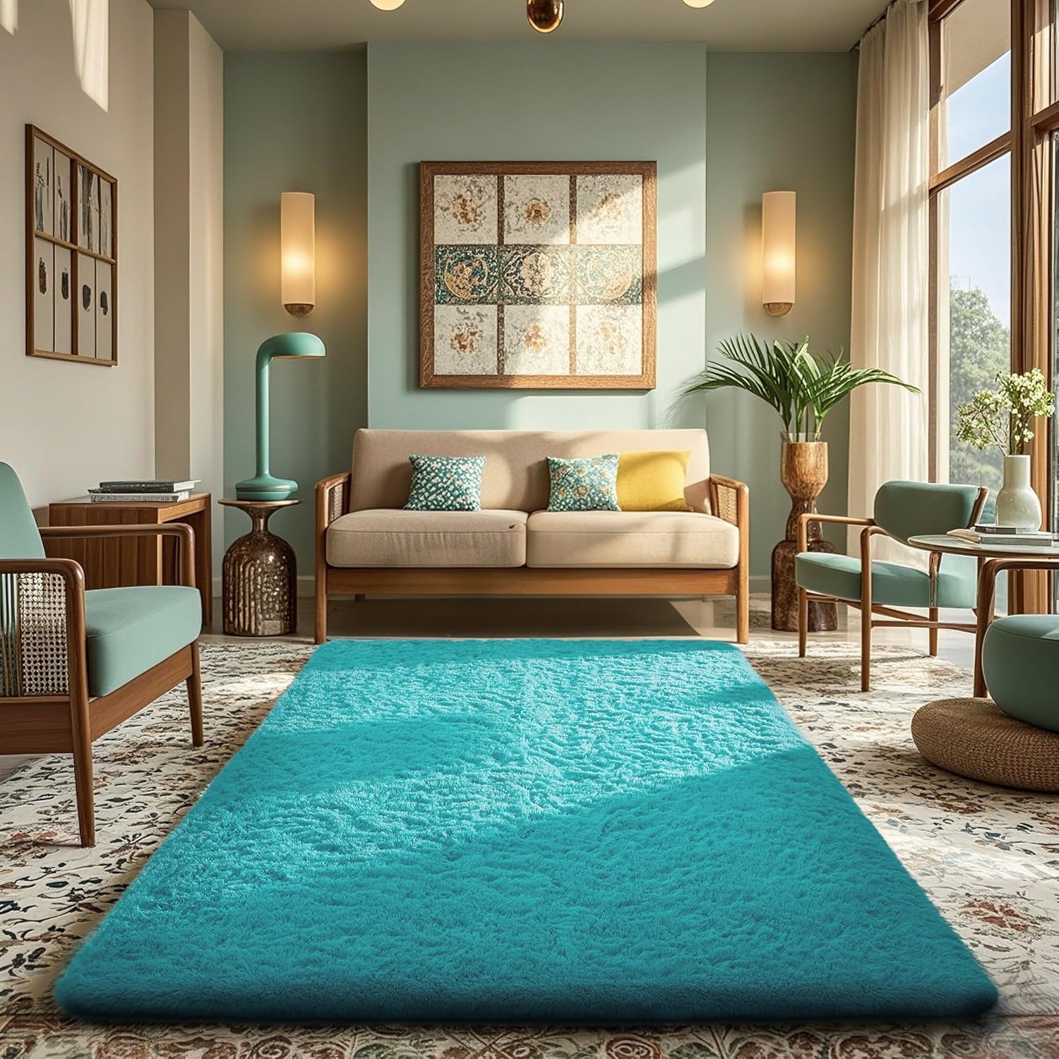 Ophanie Teal Rugs for Living Room Bedroom - Plush Soft Shaggy