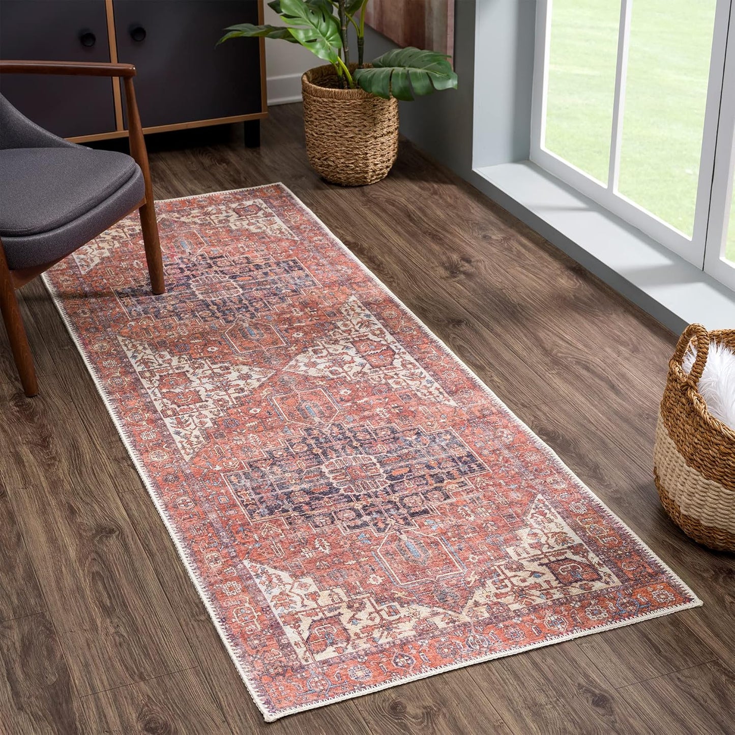 Bloom Rugs Washable 12 ft Runner - Stylish Red/Orange/Beige Design