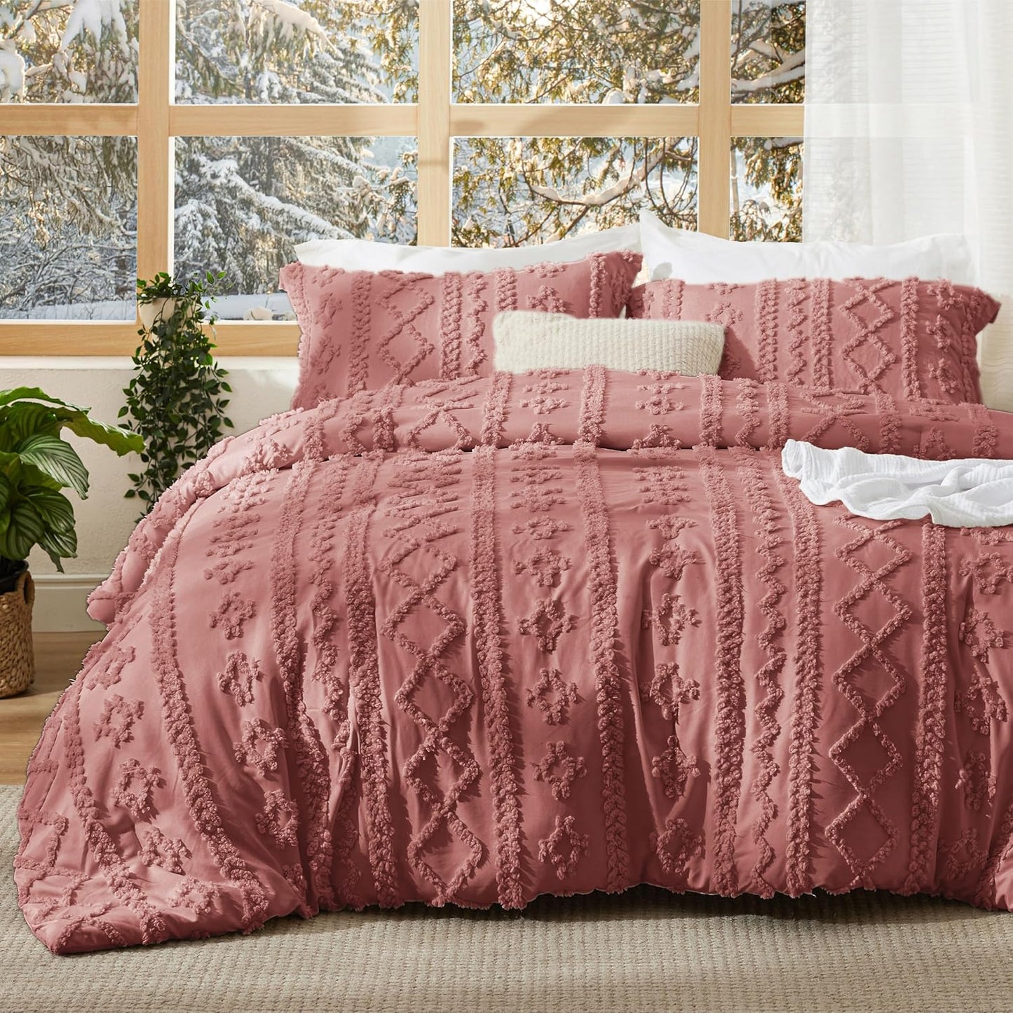 Boho Comforter Set Queen Size - Grayish Pink Bedding Set