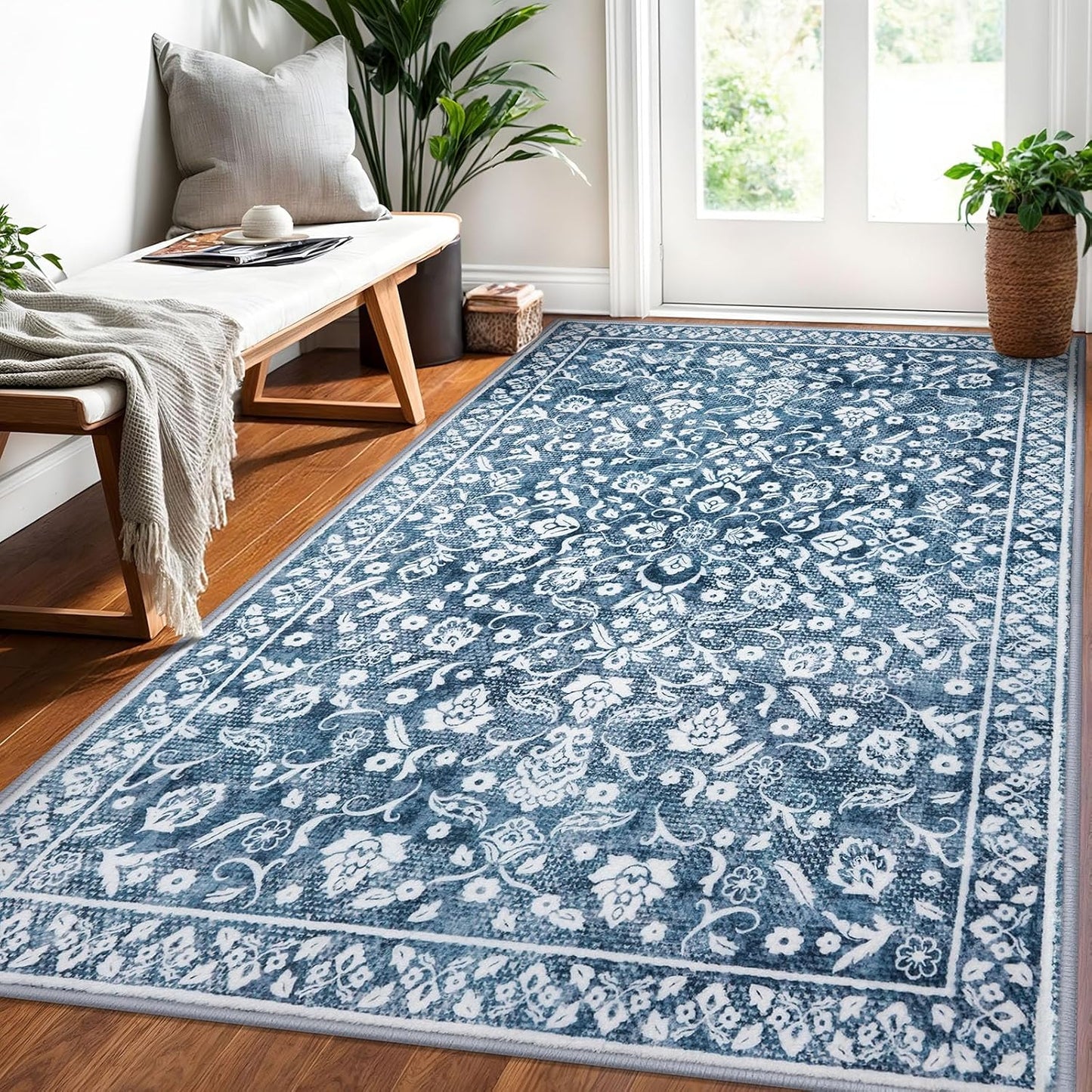 Vintage 4x6 Area Rug, Blue and White Floral Non-Slip Design