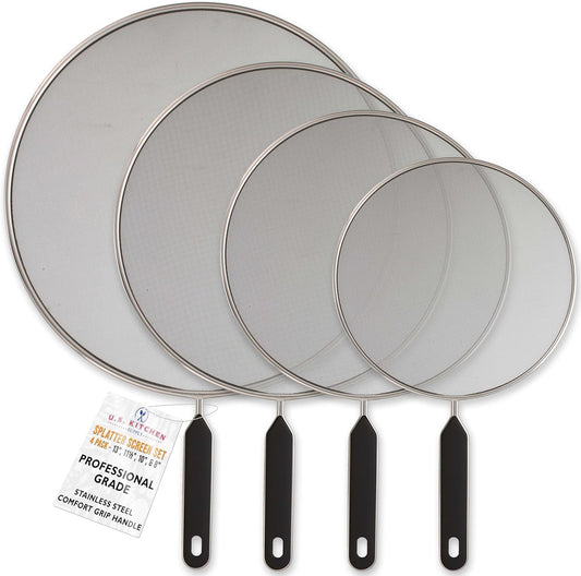 U.S. Kitchen Supply 4-Piece Stainless Steel Splatter Screens - Grease Guard, Safe Cooking - Sizes: 13, 11.5, 10, 8