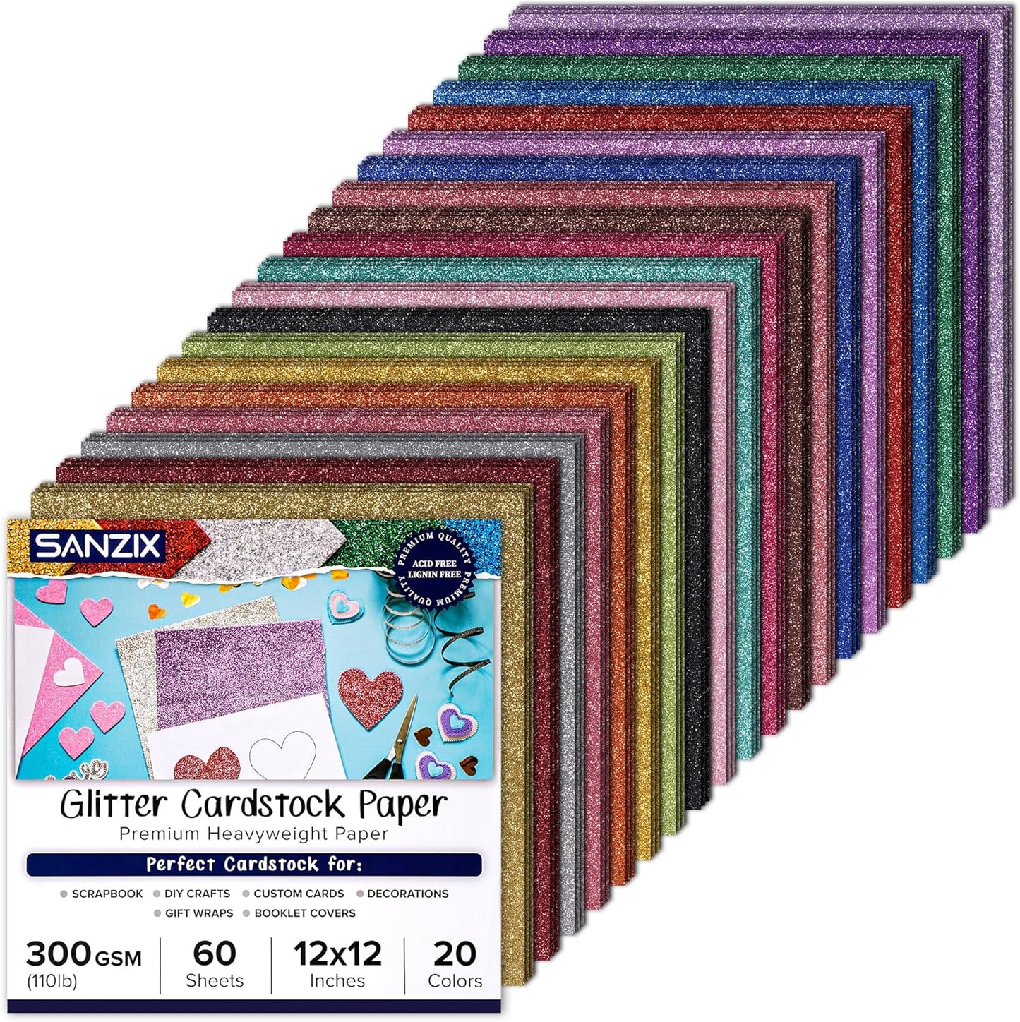 SANZIX Glitter Cardstock 12x12in - 60 Sheets for DIY Crafts