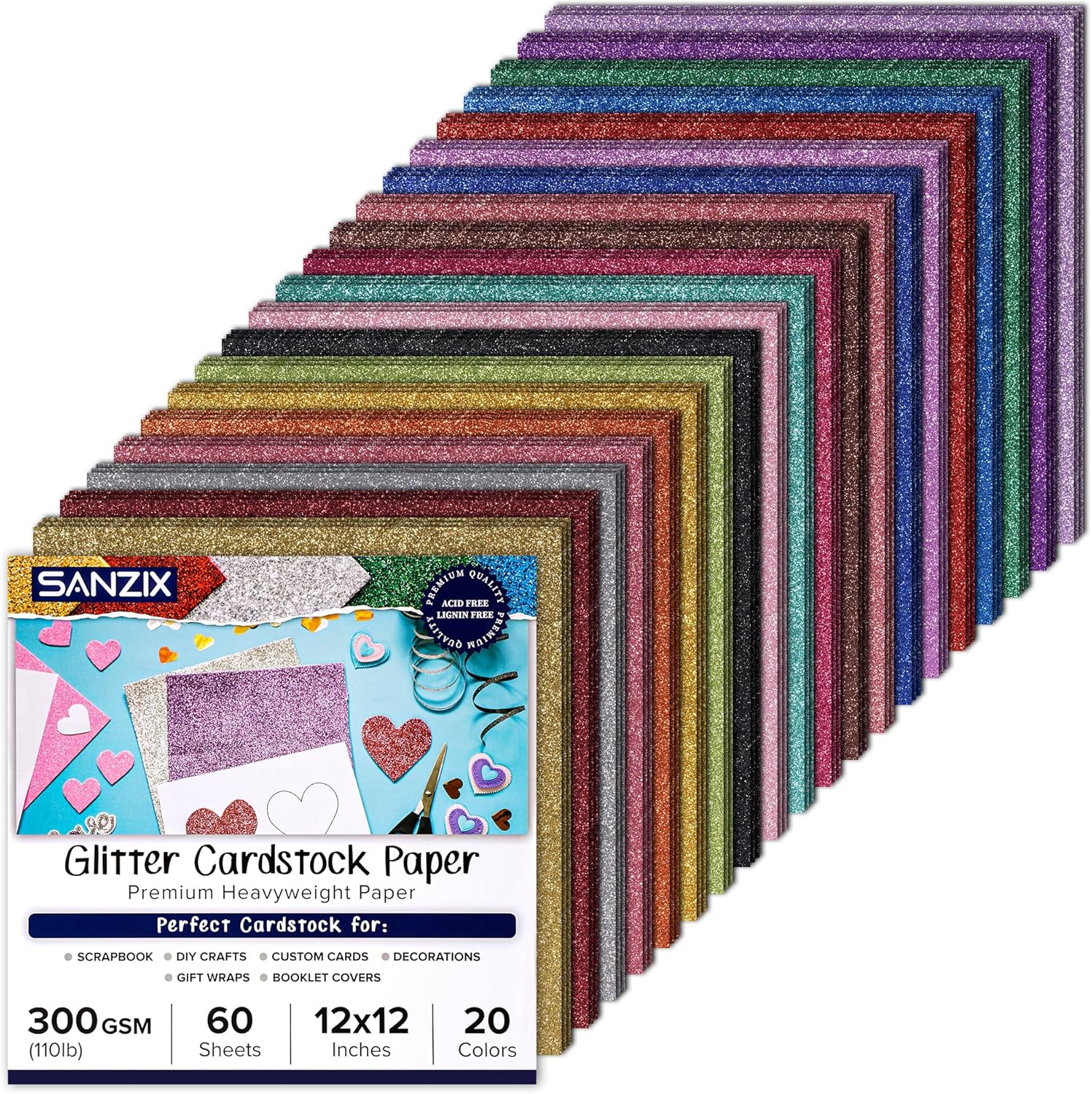 SANZIX Glitter Cardstock 12x12in - 60 Sheets for DIY Crafts