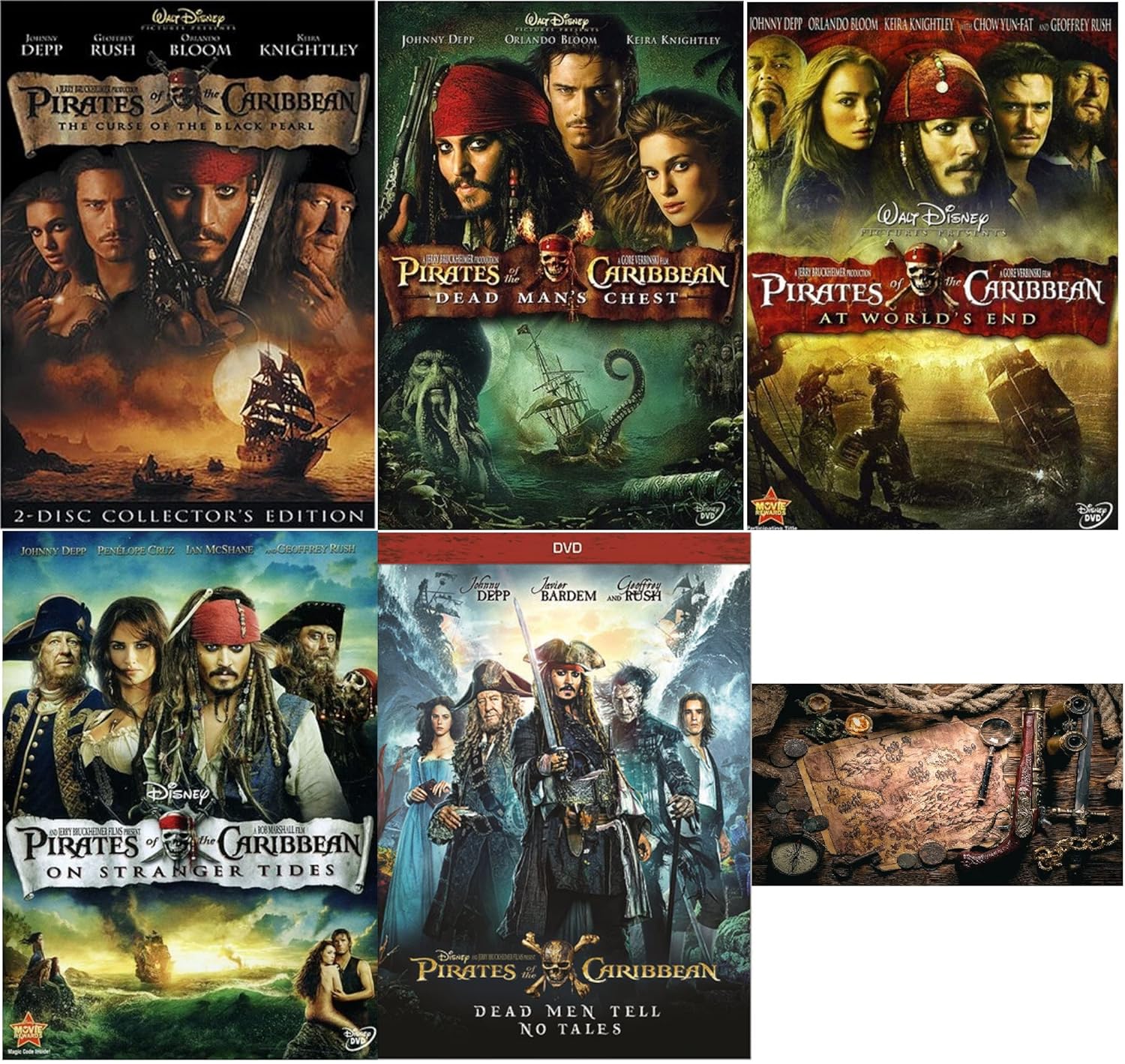 Pirates of The Caribbean 5 DVD Collection with Treasure Map Art
