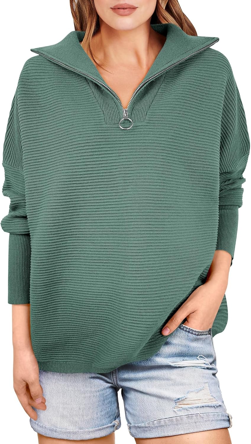 ANRABESS Women Quarter Zip Oversized Cozy Pullover Sweater