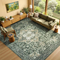 Washable 8x10 Green Area Rug for Living Room - Soft Vintage Boho