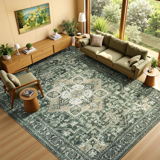 Washable 8x10 Green Area Rug for Living Room & Bedroom Use