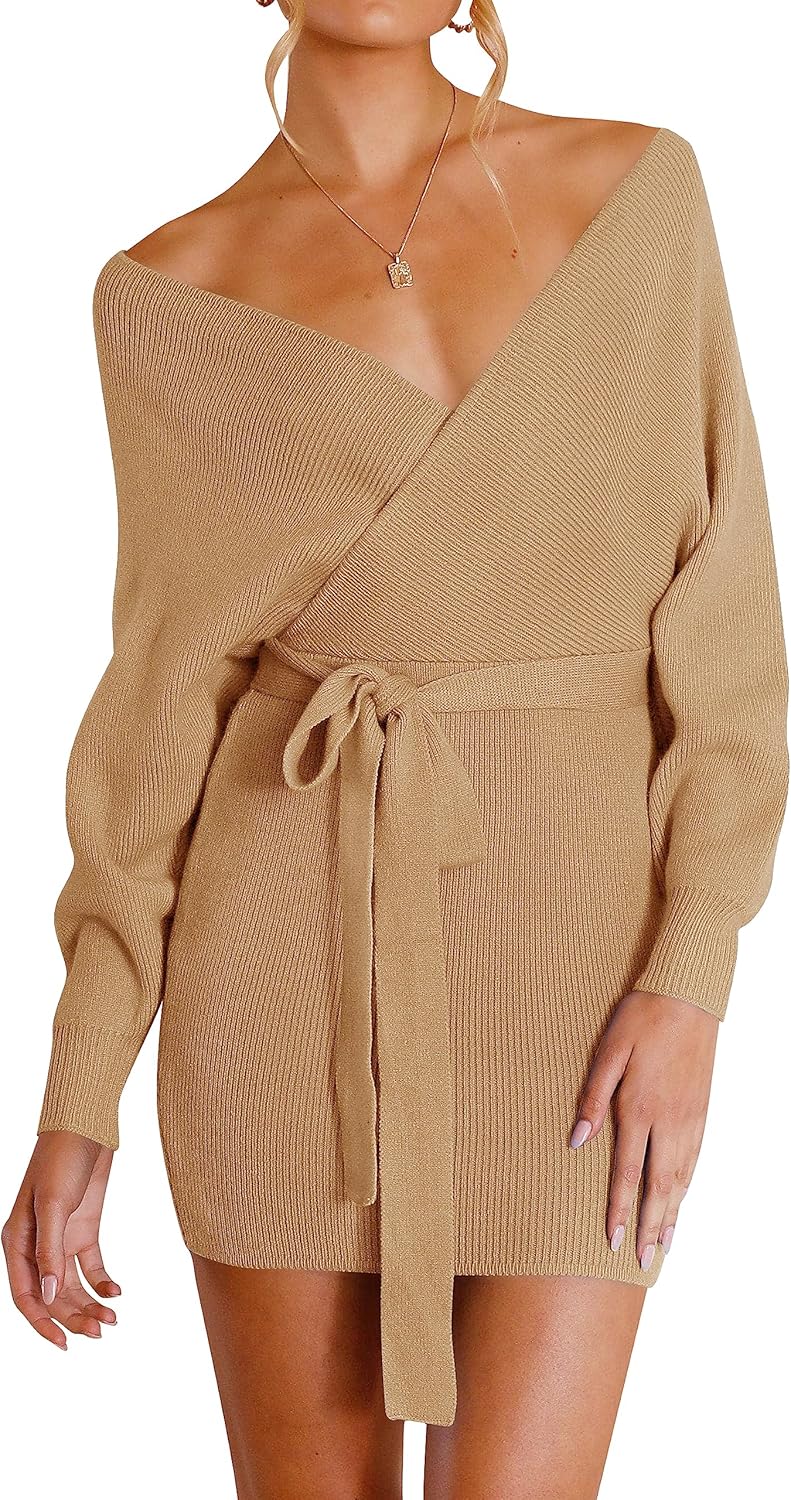 ZESICA Women's Fall Long Batwing Sleeve Wrap V Neck Dress