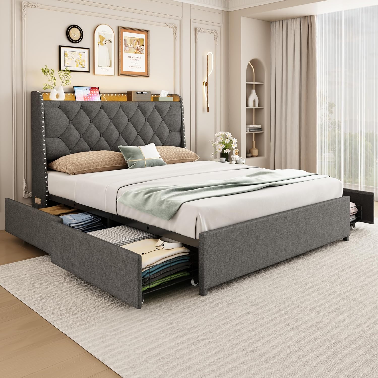 Full Bed Frame with Storage Drawers and LED Lights for Comfort