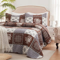 King Size Brown Quilted Patchwork Quilt Set 3PC - Oversized Coverlet