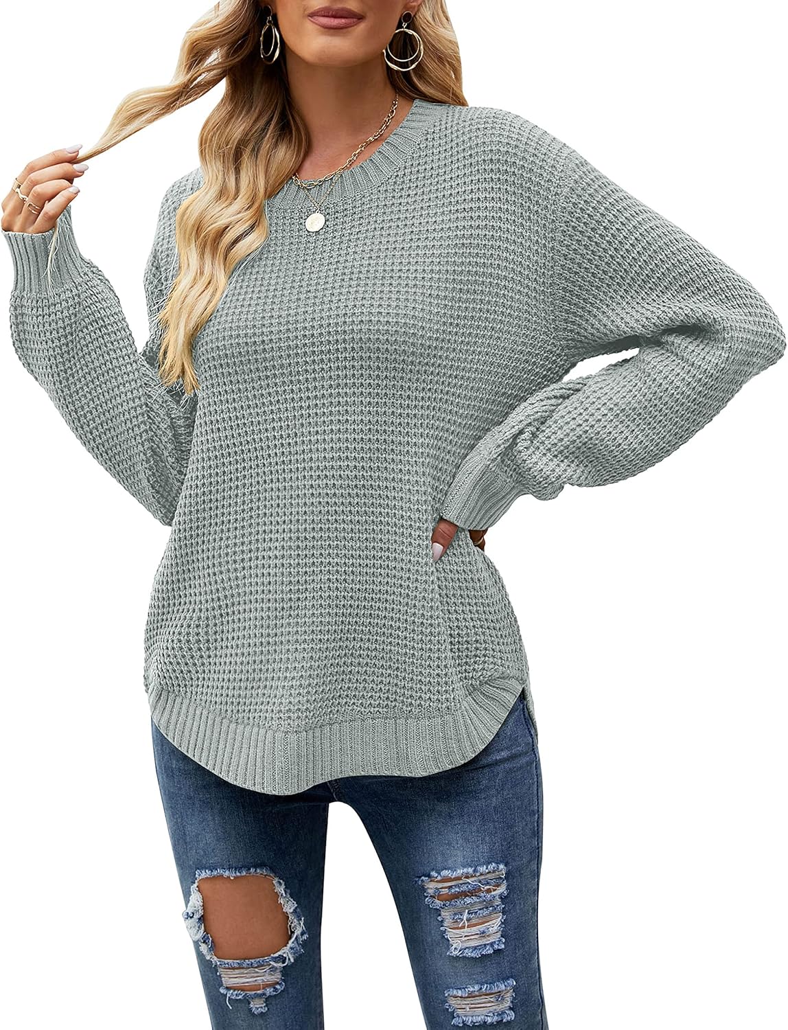 Waffle Knit Pullover Tops for Women - Casual Fall Sweater