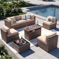 Aoxun Patio Furniture Sets 8-Piece with 44in Propane Firepit Table