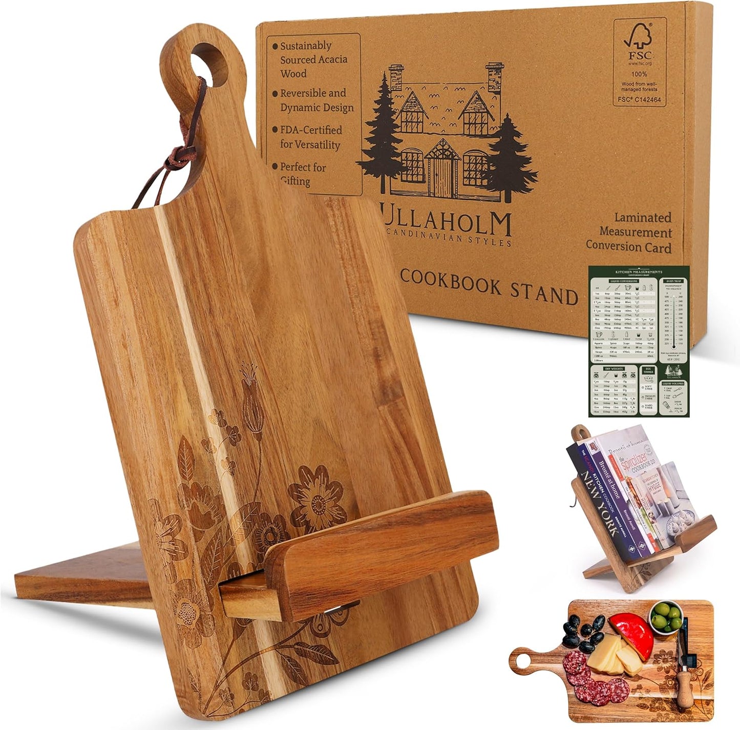 Wood Cookbook Stand for Kitchen Counter - Adjustable Holder