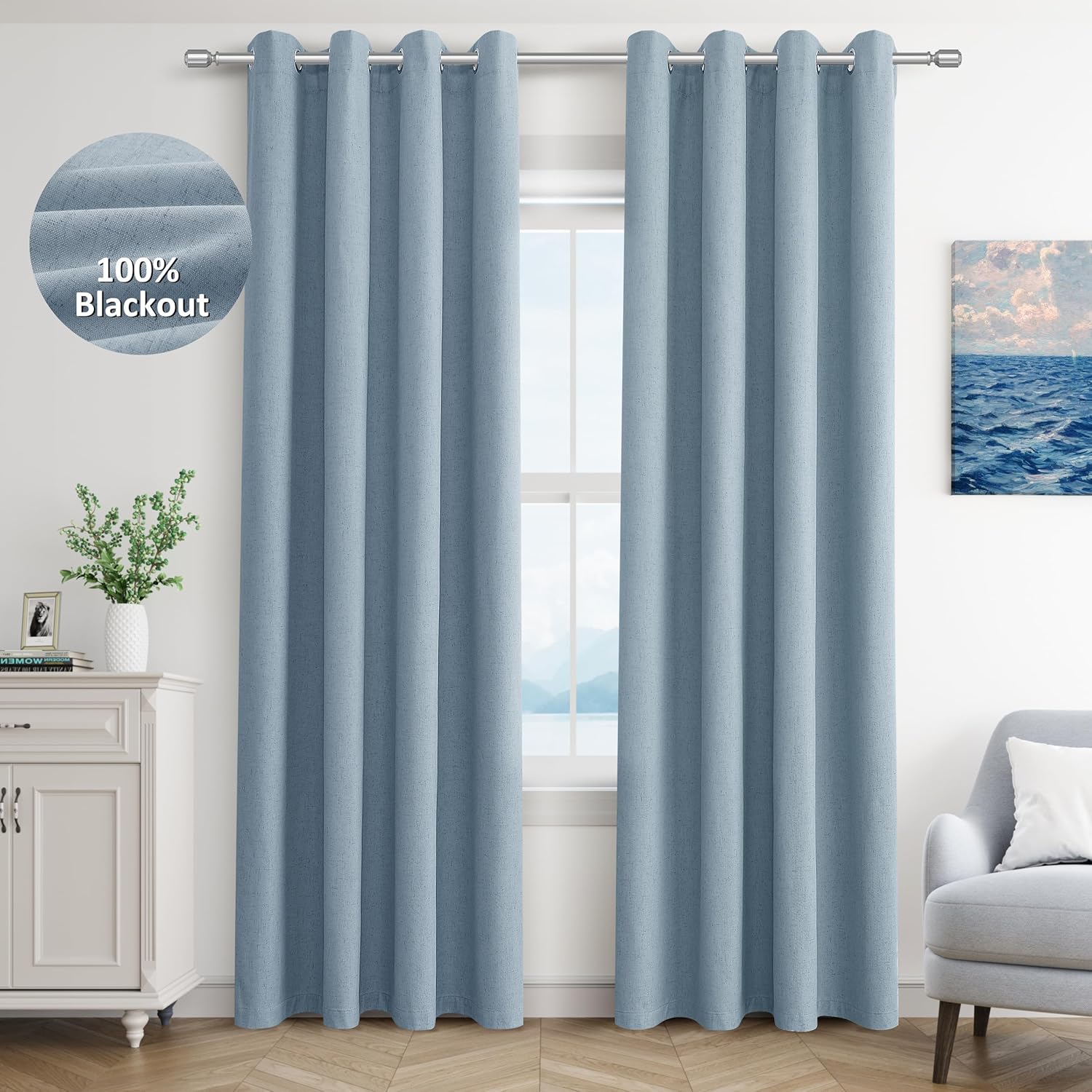 Blue Linen Blackout Curtains 84 Inches Long for Cozy Spaces