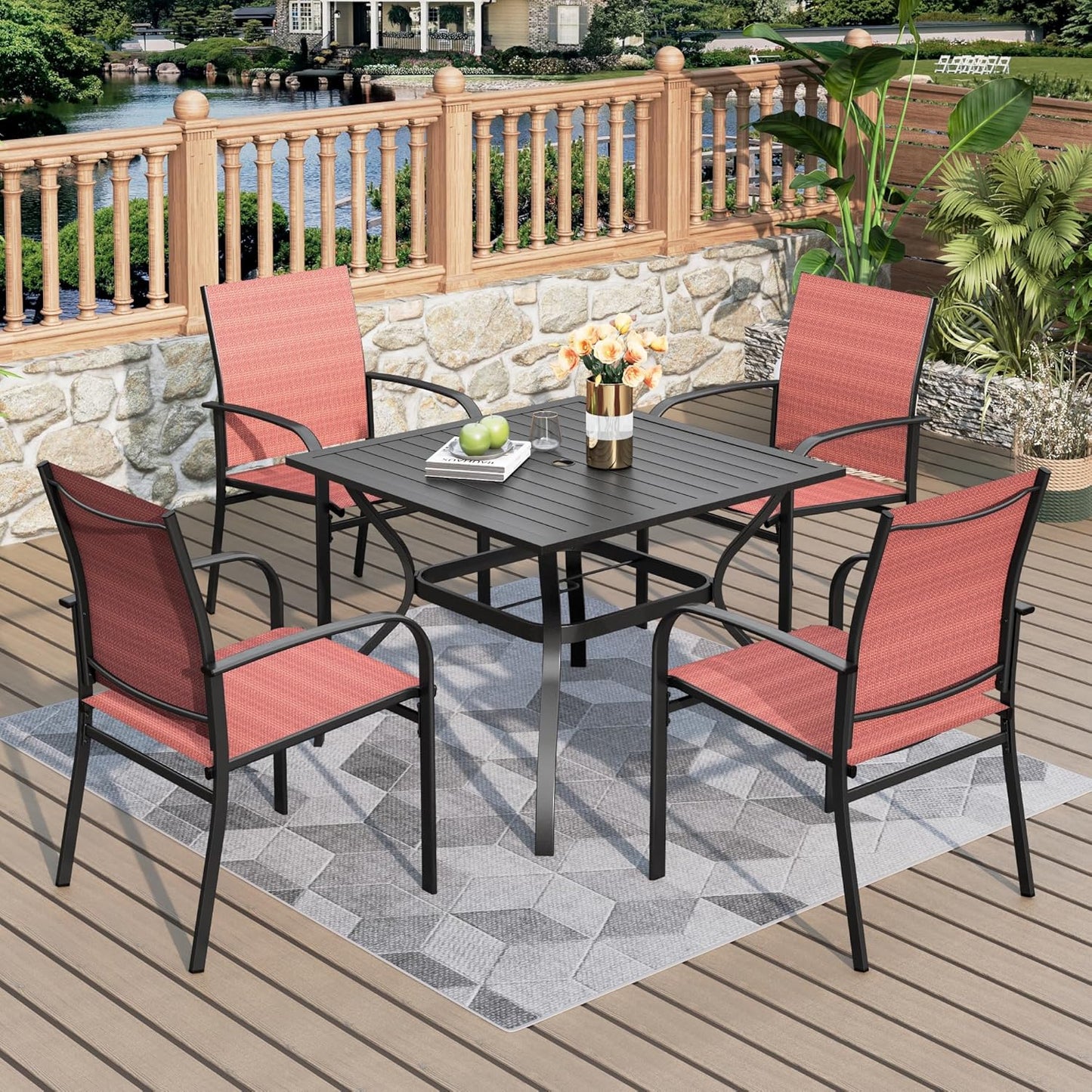 5 Pieces Patio Dining Set with Red Textilene Chairs for Outdoor