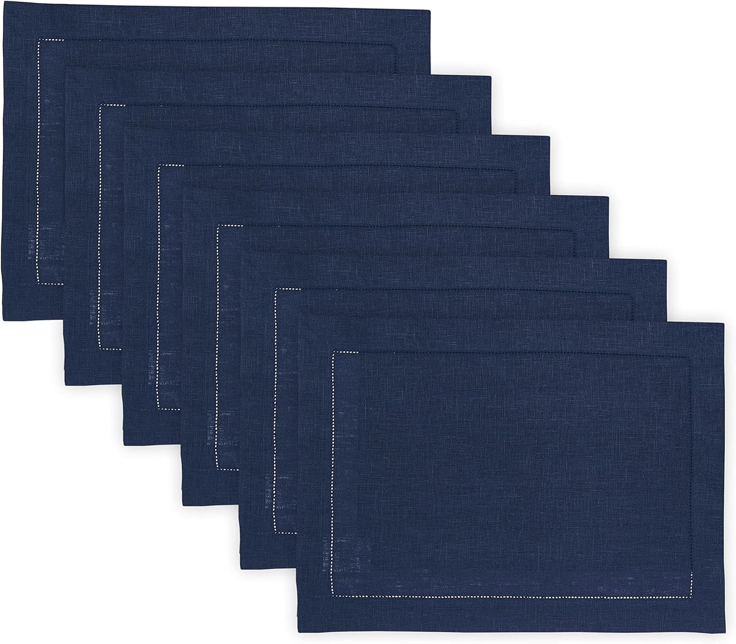 Classic Hemstitch Navy Blue Linen Placemats Set of 6 for Holidays