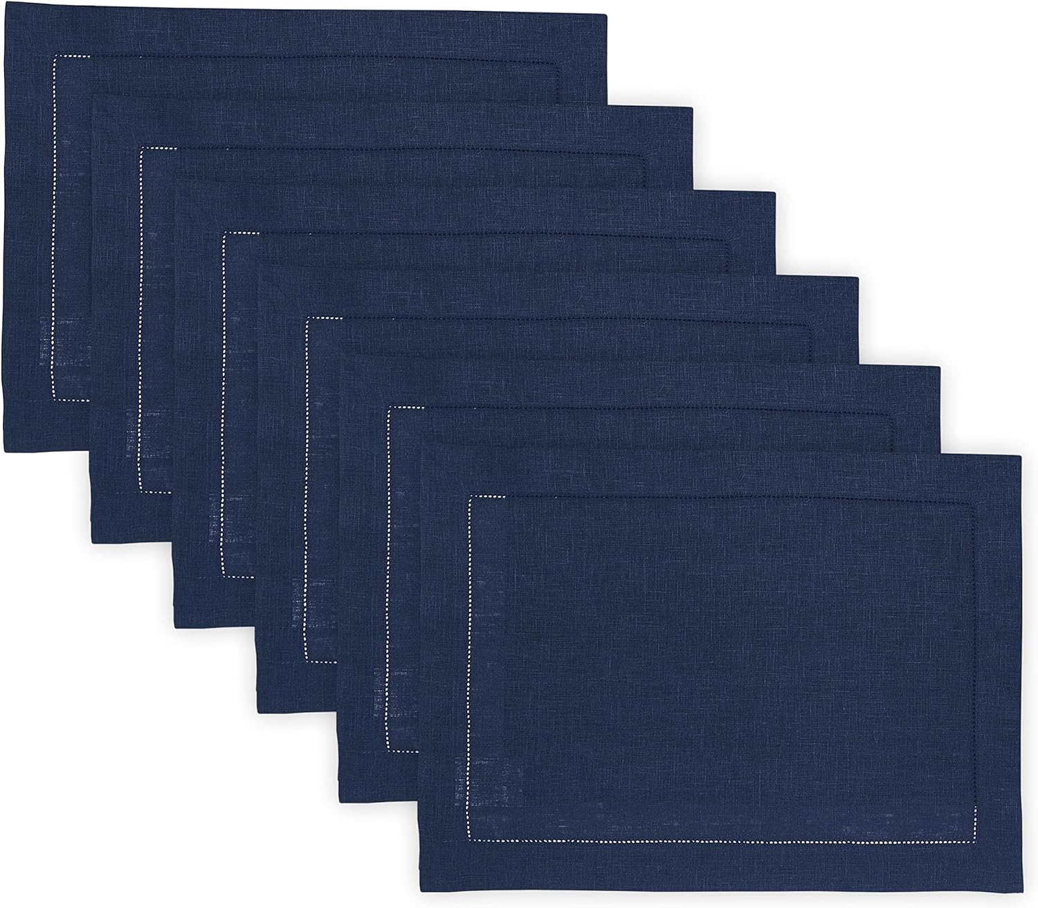 Classic Hemstitch Navy Blue Linen Placemats Set of 6 for Holidays