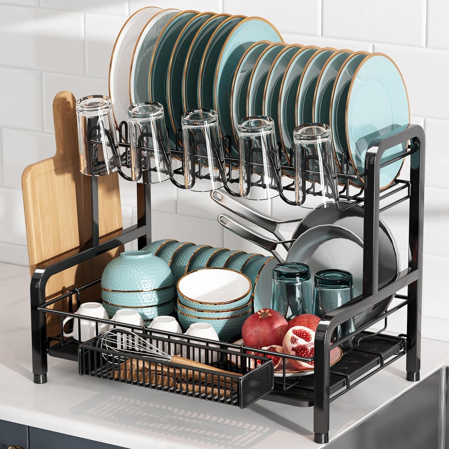 BOOSINY 2 Tier Black Large Stainless Steel Dish Drainer Rack