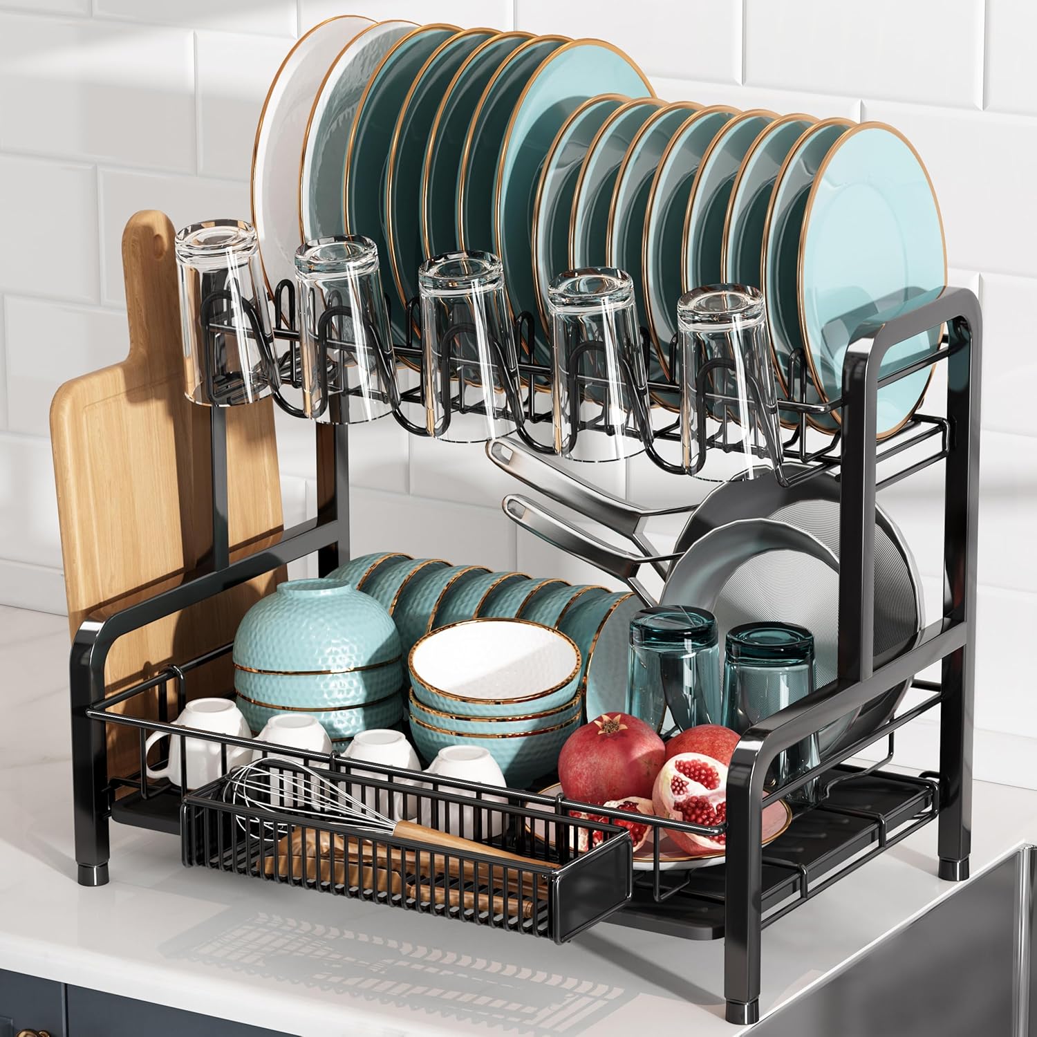 BOOSINY 2 Tier Black Large Stainless Steel Dish Drainer Rack
