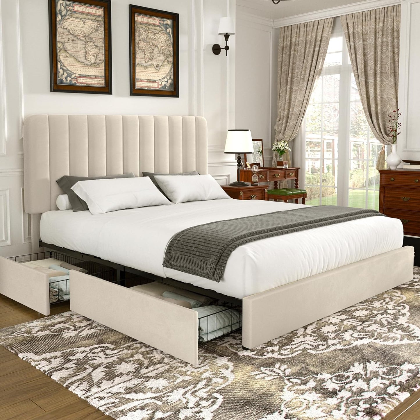 VECELO Full Size Upholstered Bed Frame with Storage Drawers
