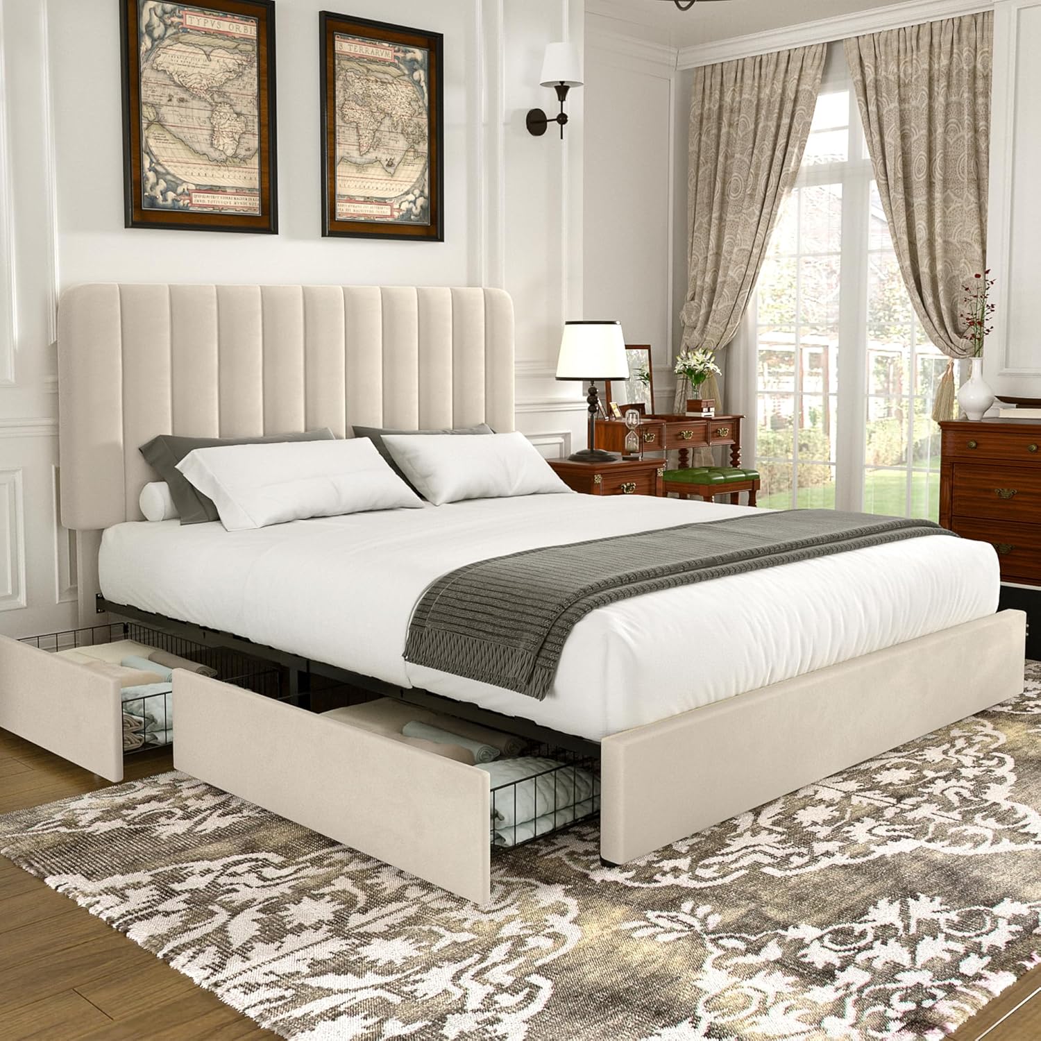 VECELO Full Size Upholstered Bed Frame with Storage Drawers