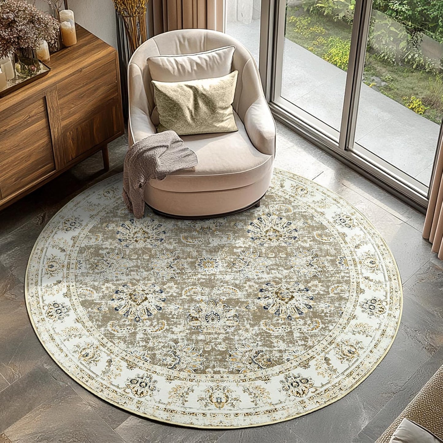 jinchan Round Rug 5ft Area Rug with Vintage Floral Design