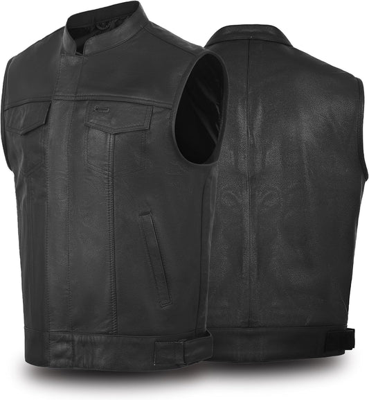 Touch&Torn Motorcycle Leather Vest for Men with Concealed Pocket