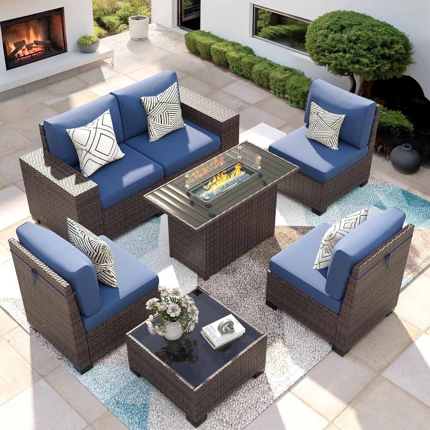 7 Piece Patio Furniture Set with Fire Pit Table for Outdoors