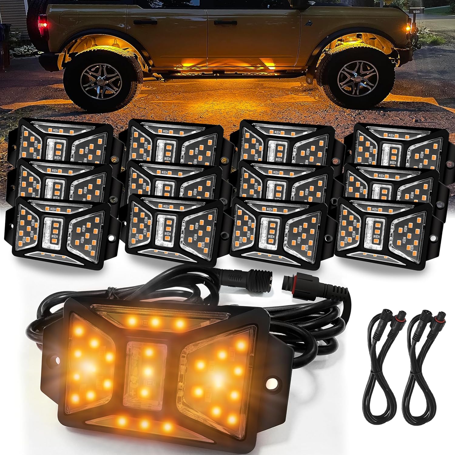 12 Pods Amber Rock Lights for Trucks, SUVs, and ATVs