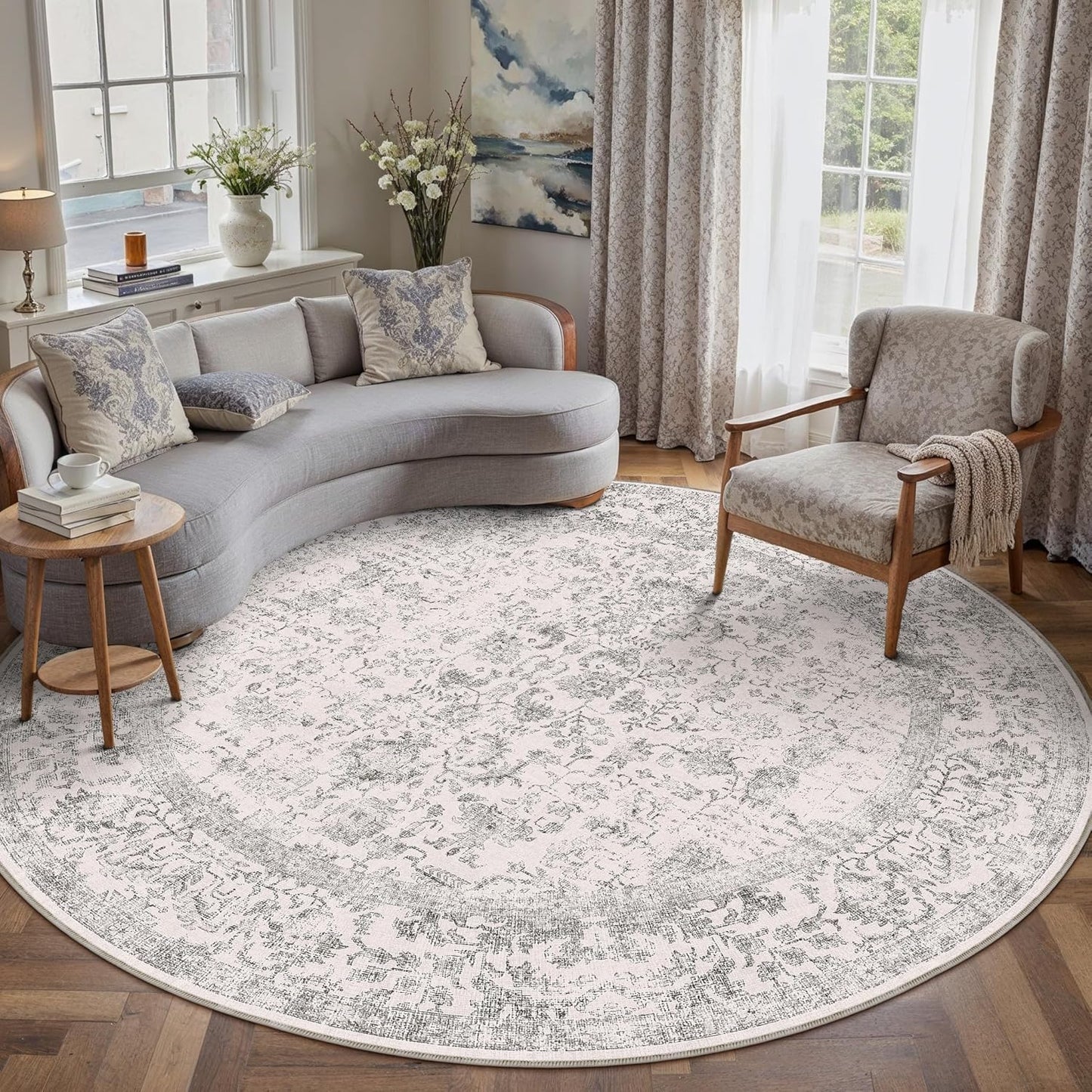 Grey Round Area Rug 8ft Vintage Carpet for Indoor Spaces