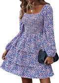 Womens Long Sleeve Smocked Floral Mini Dress - Flattering Boho Fit