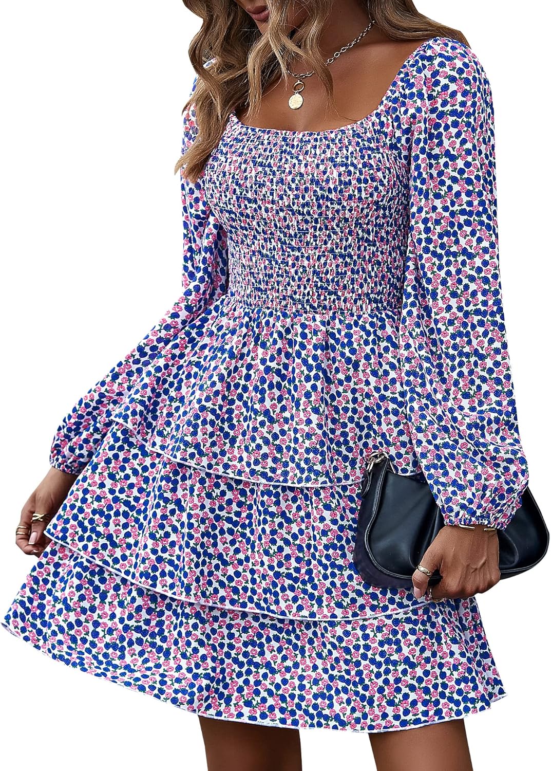Womens Long Sleeve Dress Vacation Square Neck Smocked Floral Mini