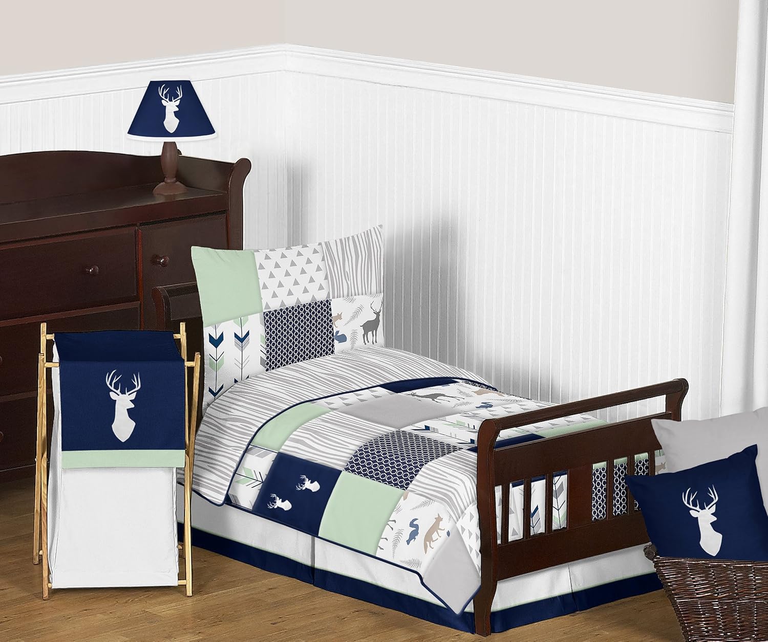 Navy Blue Mint Grey Woodsy Deer Toddler Bedding 5 Piece Set