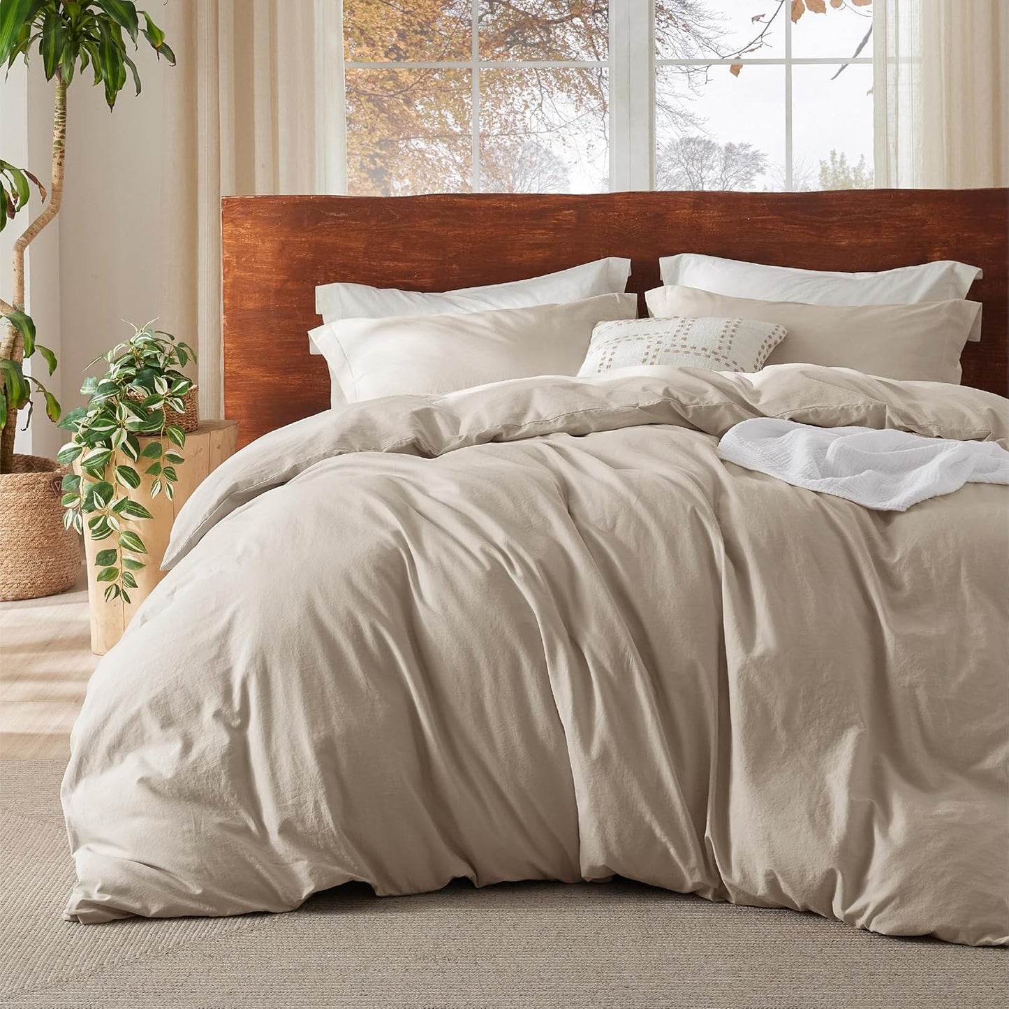 Bedsure 100% Washed Cotton Duvet Cover Full Size - Oatmeal