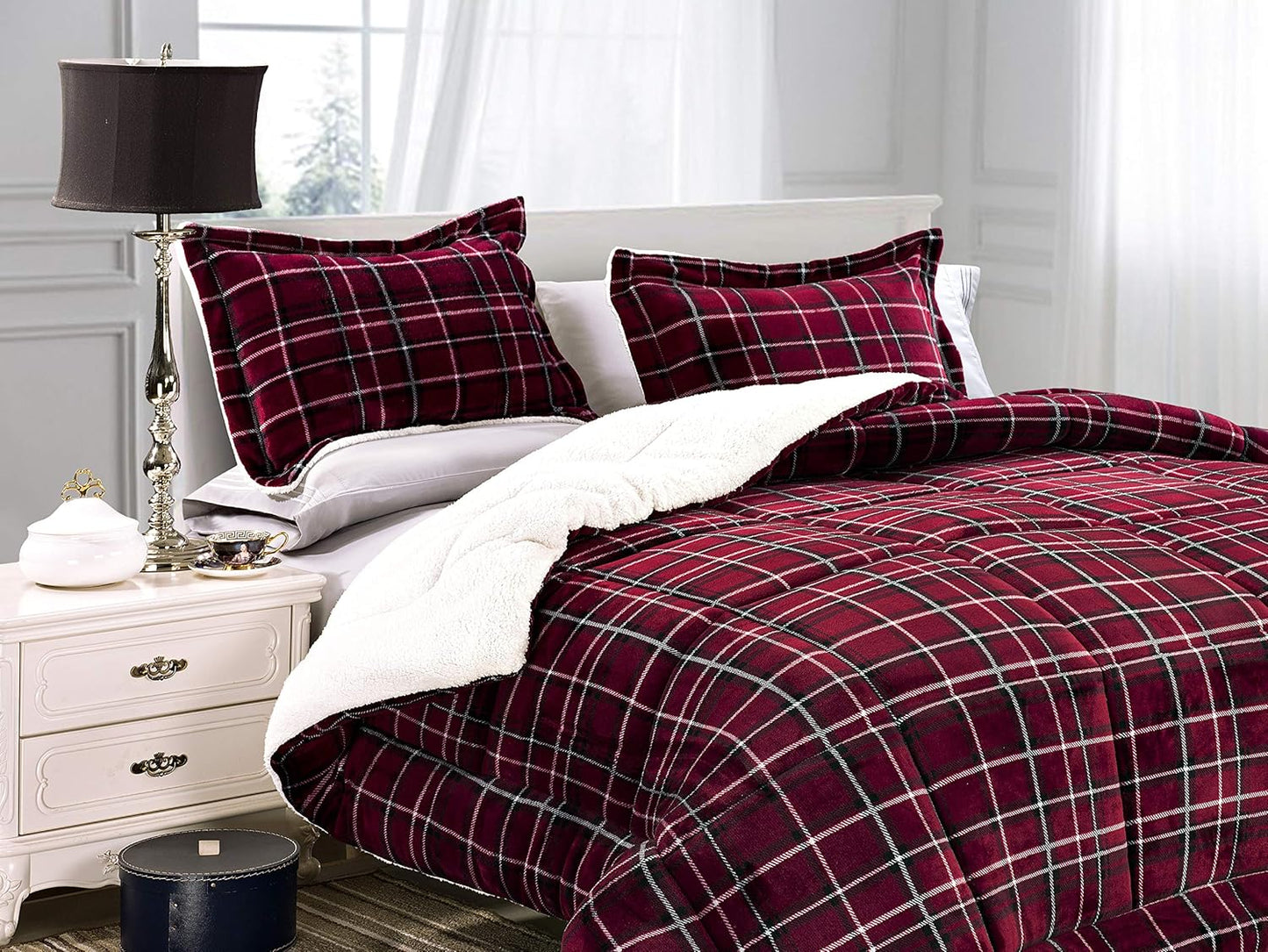 Elegant Comfort Heavy Weight Plaid Micromink Sherpa Comforter Set
