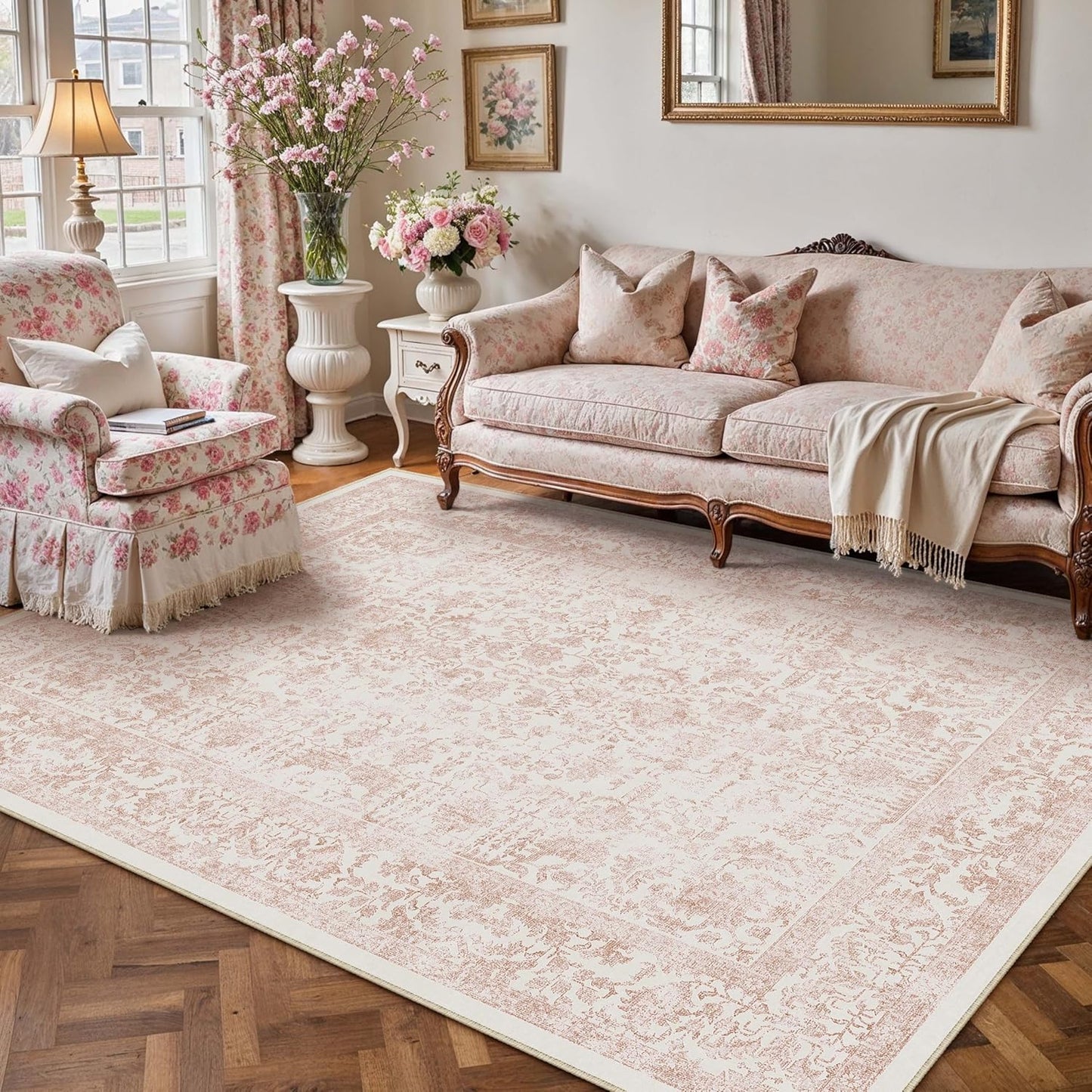 Vintage Pink Area Rug 5x7 Machine Washable for Living Room
