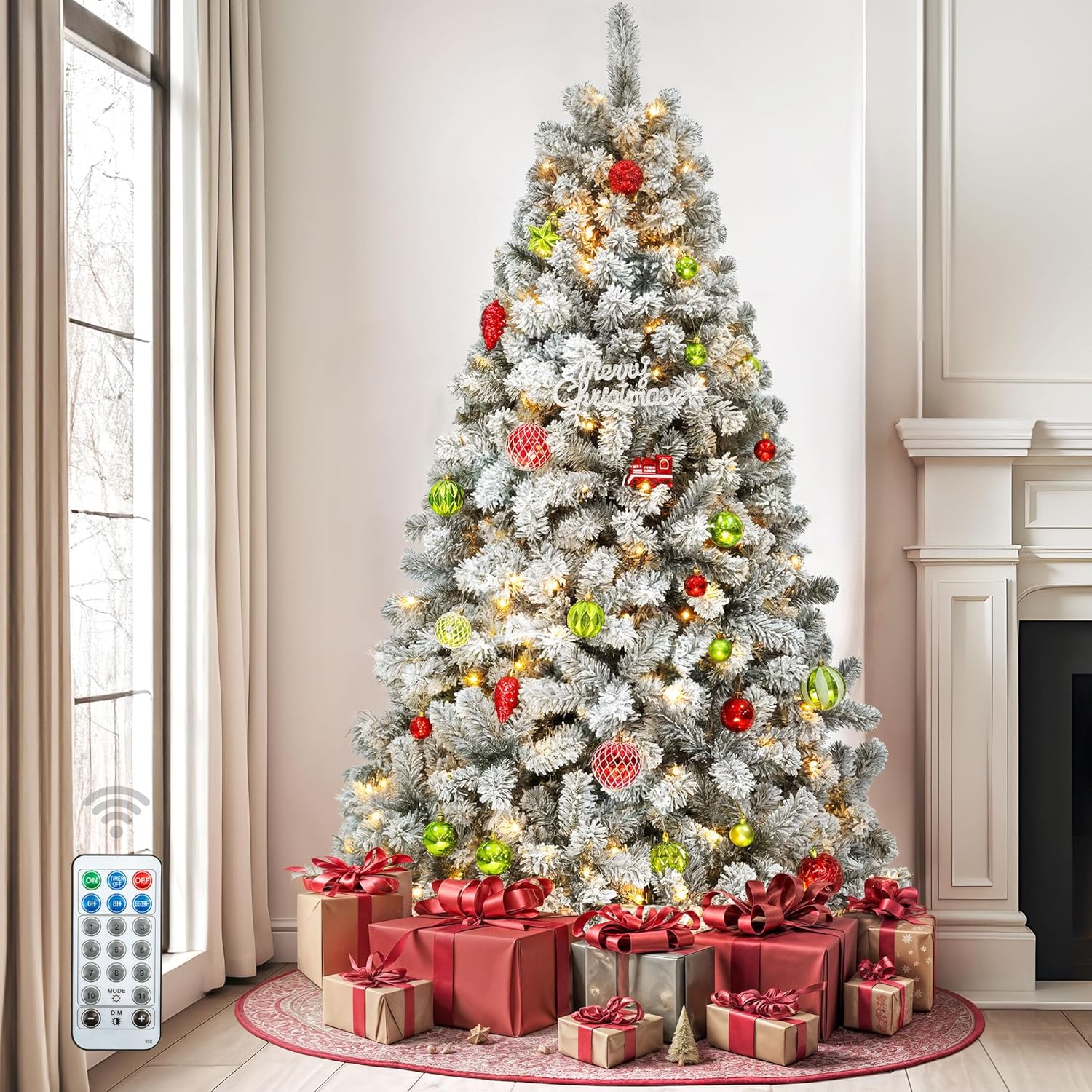 9 ft Prelit Snow-Flocked Artificial Pine Christmas Tree with Lights