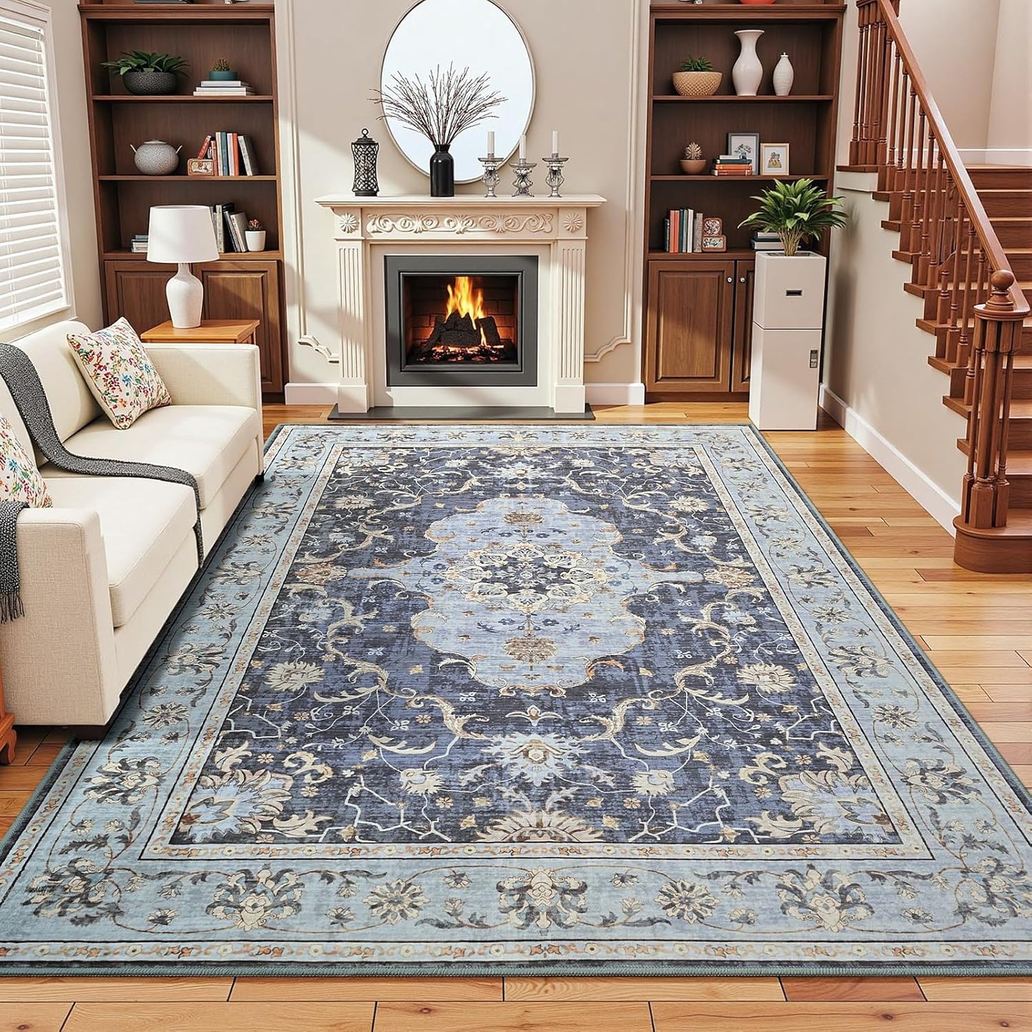 4x6 Washable Area Rug for Living Room, Navy Blue Vintage Design