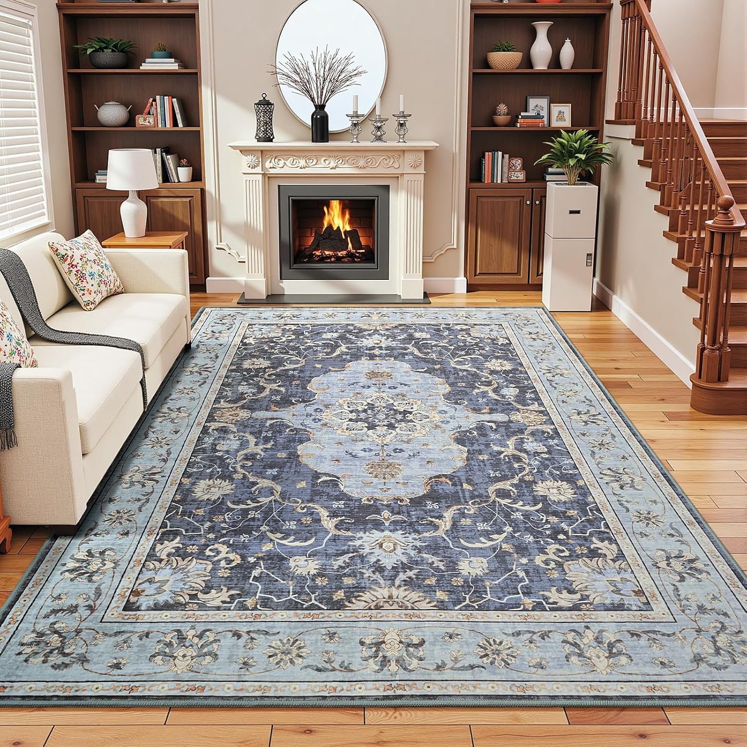 4x6 Washable Area Rug for Living Room, Navy Blue Vintage Design